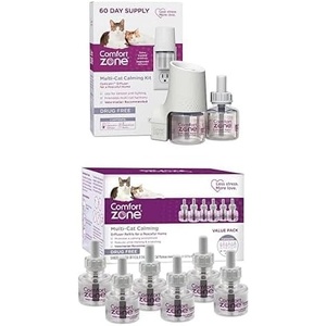 image:imageBundle of Comfort Zone MultiCat Pheromone Diffuser 60 Day Starter Kit 1 Diffuser amp 2 Refills  Comfort Zone Multi Cat Calming Diffuser Refills 6 PackMultiCat Pheromone Diffuser 60 Day Starter Kit